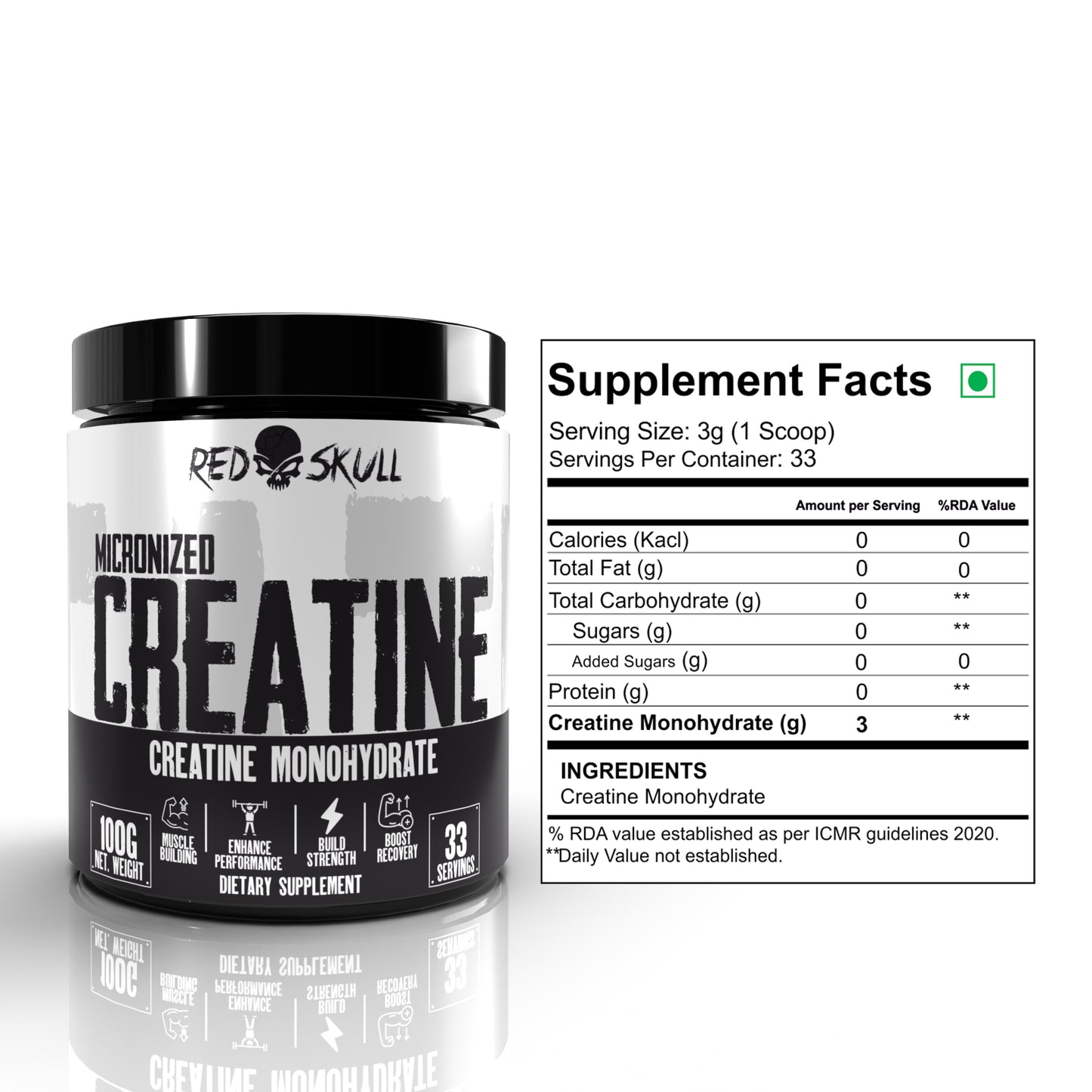 Redskull Creatine Monohydrate 100 gram- 100% Pure Micronized Creatine | No Side Effects | Heavy metal Tested | unflavoured