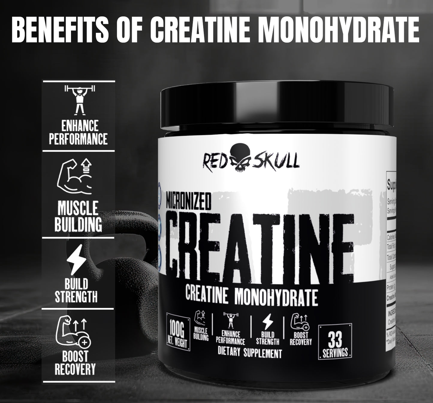 Redskull Creatine Monohydrate 100 gram- 100% Pure Micronized Creatine | No Side Effects | Heavy metal Tested | unflavoured